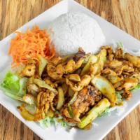 Lemongrass Chili Chicken · Tender sliced chicken breast with lemongrass turmeric and chili served with jasmine rice.