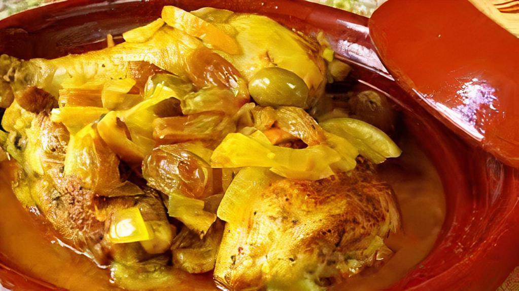 Tagine Of Chicken Lemon And Olives A La Carte · Braised chicken served with preserved lemon sauce & olives.