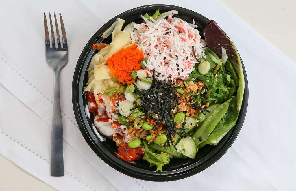 Classic Salmon Poke Pop Bowl · Salmon, seaweed salad, green onions, onion, cucumber, edamame, masago(Out of Stock), crab salad[(Allergen Alert)Fish, shellfish (crab)Soy, egg, and sugar], fried onions, dry seaweed, ginger, roasted sesame seed.