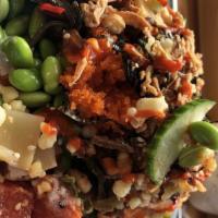 Classic Ahi Tuna Poke Pop Bowl · Ahi tuna, seaweed salad, green onions, onion, cucumber, edamame, masago(Out of Stock), crab ...