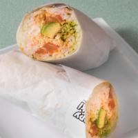 Salmon Sushi Burrito · Salmon, crab mix, avocado, masago, lettuce and wrapped in soy paper.