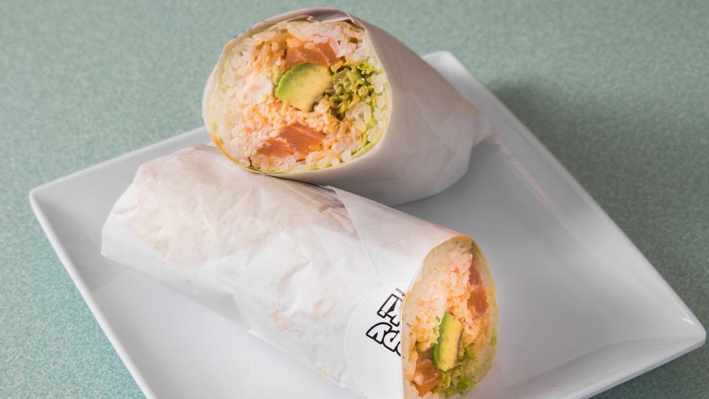 Salmon Sushi Burrito · Salmon, crab mix, avocado, masago, lettuce and wrapped in soy paper.