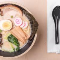 Tonkotsu Ramen · Pork broth, seared pork belly, scallions, bamboo, nori, egg, fish cake, black wood ear, mush...
