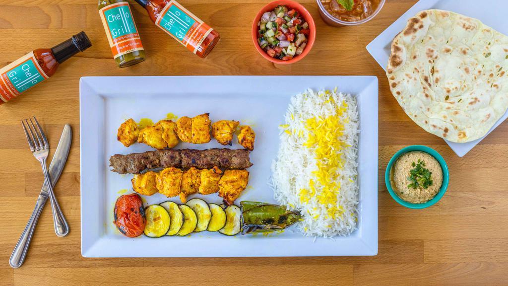Chello Seh · Includes your choice of 3 kabobs & 2 sides. Served with a piece of freshly baked naan, grilled veggies, and a side of basmati &saffron rice.