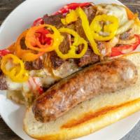 Mega Meat · House-made italian beef and a full italian sausage link with sauted bell peppers and onion, ...
