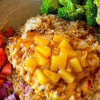 Greek...Teriyaki Bowl · OOPS, not so Greek but delicious! Rice pasta pilaf, Swiss cheese, grilled pineapple, red oni...