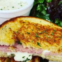 Croque Madame · Toasted French round with shaved ham, Gruyere cheese, Dijonnaise, creamy béchamel sauce and ...