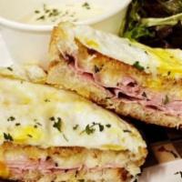 Croque Monsieur · Toasted French round with shaved ham, Gruyere cheese, Dijonnaise and creamy béchamel sauce. ...