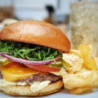 Cascade Farms Cheese Burger · Seasoned fresh 1/3 natural beef  & cheddar, built w/ our house made burger sauce & grilled o...