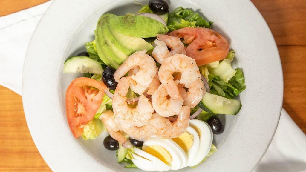 *Traditional Shrimp Louie · Old bay poached white shrimp, Romaine, tomato, boiled egg, cucumber, black olive, red onion & avocado. Louie dressing. *Gluten Free