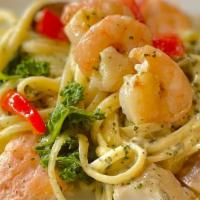 *Seafood Basil Pesto Linguine · Fresh salmon, rockfish & white shrimp sautéed w/ mushroom, red pepper, onion, kale, tomato, ...