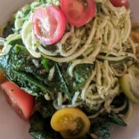 Piastra · Vegan. Chilled zucchini noodles, house-made pesto, heirloom cherry tomatoes, spinach.