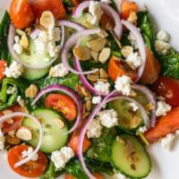 Summer Harvest · Baby spinach, watermelon, english cucumber, red onion, feta cheese, toasted almonds, basil -...