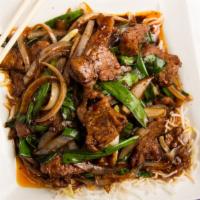 Mongolian Beef · Hot and spicy. Beef stir fried with onion and green onion in spicy Mongolian sauce.