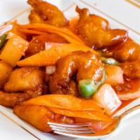 Sweet & Sour Shrimp · Prepared with pineapple, bell peppers, onions and carrots.