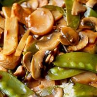 Moo Goo Gai Pan · With mushrooms, Napa cabbage snow peas, Water chestnuts & bamboo shoots.
