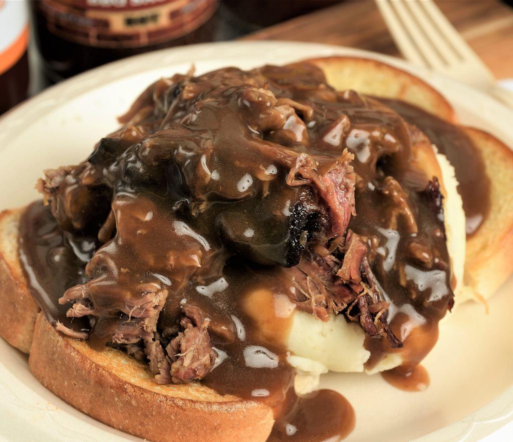 Open Face · Texas toast topped with mashed potatoes, beef brisket, and gravy.