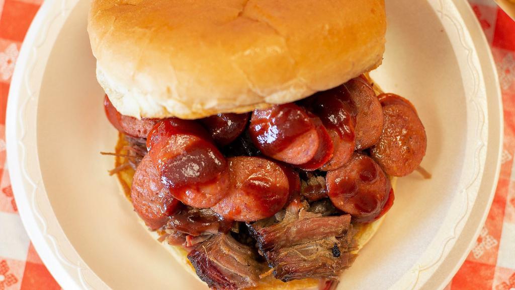 Smoke Stack Combo · Beef brisket and hot links. Includes side and drink.