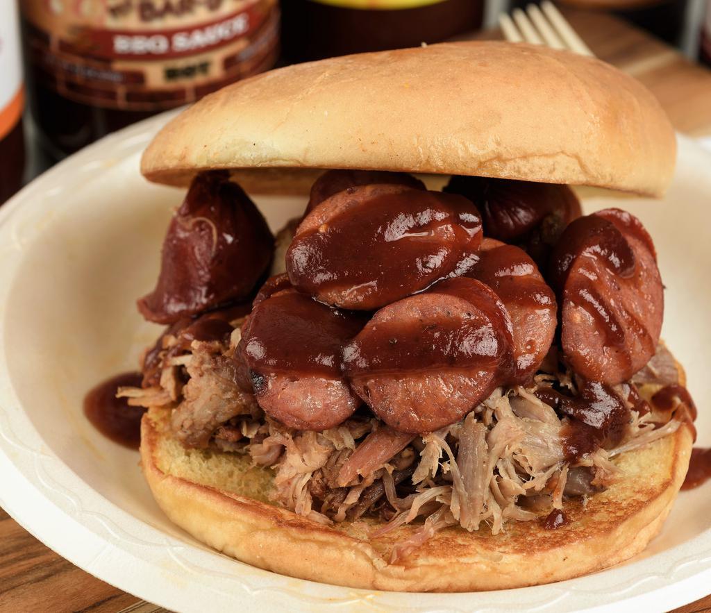 The Wild Hog · Pulled pork with hot links.