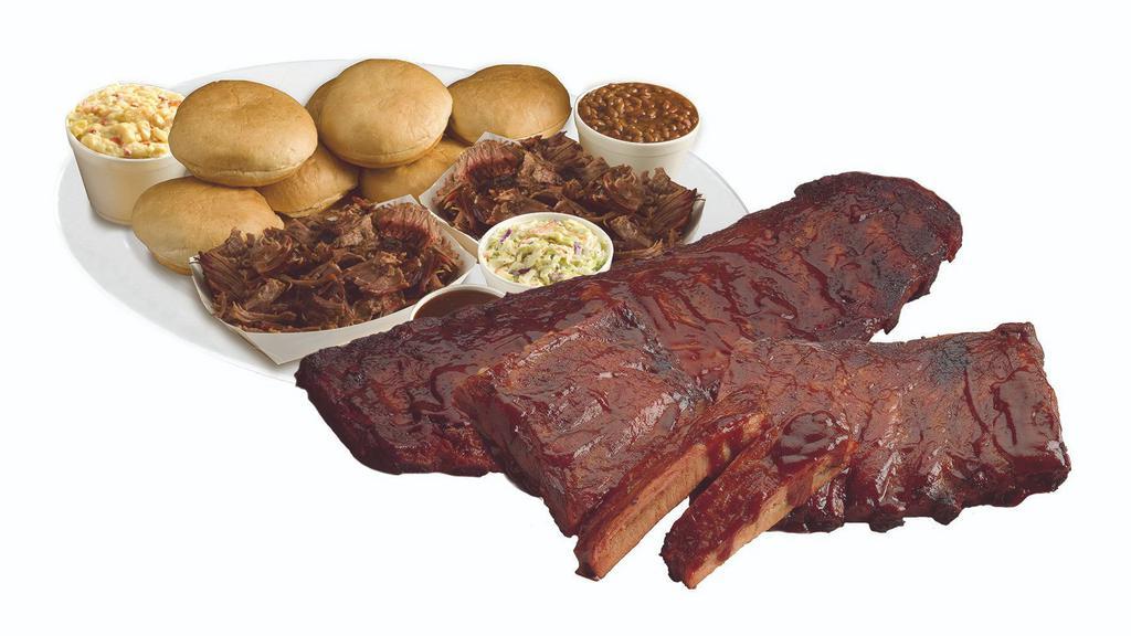 Tailgate Pack · 2 slabs of ribs, 2 lbs. of meat, 3 quarts of sides, 8 buns, 12 cookies, and sauce.
