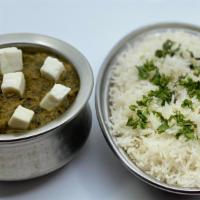 Saag Paneer · Homemade paneer cubes sauteed with fresh spinach in blended Indian spices. Served with rice ...