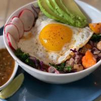 Hot Bowl · Garbanzos, roasted butternut squash, kale, quinoa, chimichurri, red cabbage, one sunny side ...