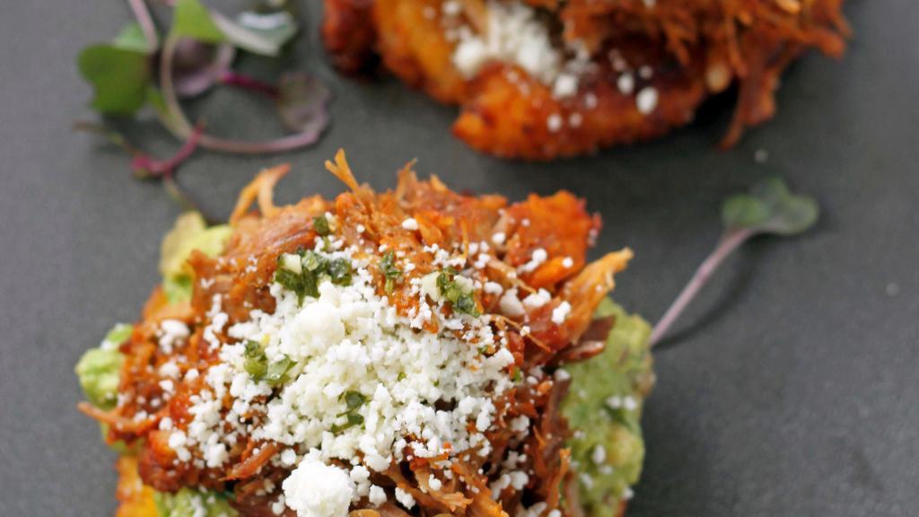 Los Maduros Con Carne · Two fried ripe plantains topped with cochinita, guacamole, and cotija cheese. Drizzled with chimichurri on top.
