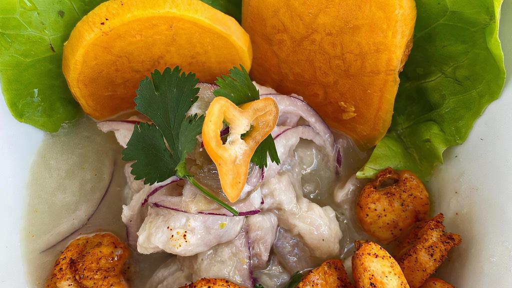 Ceviche · Leche de tigre marinated rockfish and scallops, aji limo, sweet potatoes, and corn nuts.