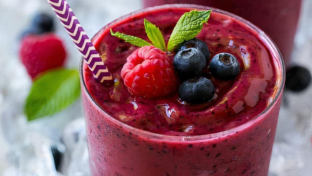 Mixed Berry · 260 cal, 26g protein. Strawberry, Raspberry, blueberry, black berry, almond milk, protein powder.