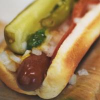 Matt'S Classic Chicago Dog · A gourmet hot dog served with mustard, diced white onions, sweet relish, tomatoes, kosher di...