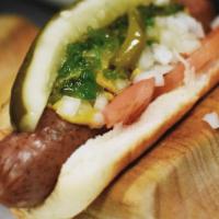 Polish Sausage · Spicy but not hot.
Served Chicago style - mustard, diced white onions, sweet relish, tomatoe...