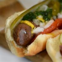 Veggie Sausage · Served Chicago style - mustard, diced white onions, sweet relish, tomatoes, kosher dill pick...