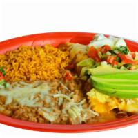 Enchiladas Plate · Your choice of meat, rice, fried beans, salad, sour cream and guacamole. Your choice of gree...