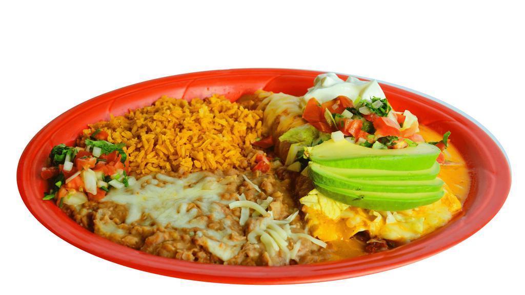 Enchiladas Plate · Your choice of meat, rice, fried beans, salad, sour cream and guacamole. Your choice of green, red or habanero sauce.