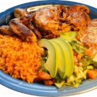 Pollo Asado · Grilled chicken served with rice, refried beans, salad, guacamole and sour cream. Come with ...