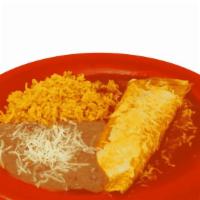 Kid'S Enchilada · Served with mild red salsa, melted cheese, rice, beans and your choice of meat.