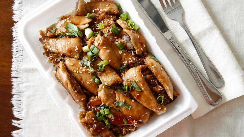 Teriyaki Chicken · Chicken over steamed rice with sesame seeds, green onions, and carrots.