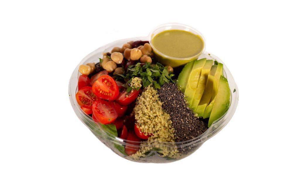 Southwest · Ancient Grains (quinoa, buckwheat, long grain black wild rice) topped with baby spinach, black beans, avocado, tomato, cilantro, chia seeds, hemp seeds. Served with Spicy Cilantro dressing