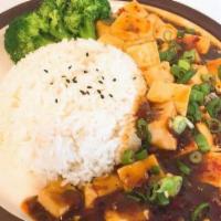 Mapo Tofu With Rice · It's spicy and vegetarian item. 
麻婆豆腐飯 - 微辣, 素食菜品.
