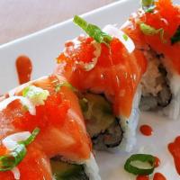 Alaska Roll · Crab, Cucumber, Avocado, with Salmon and Spicy Mayo on top