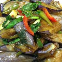 Eggplant Delight · Fresh sauteed eggplant with bell peppers, green onions, Thai basil and curry powder with hom...