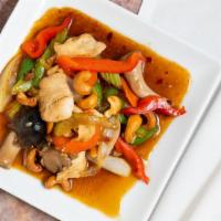 Cashew Delight · Choice of protein stir-fried with cashews, mushrooms, bell peppers mixed onions, carrots  an...
