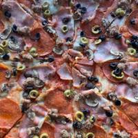 Carnivore · Pepperoni, Canadian Bacon, Italian Sausage, Black & Green Olives, and Mushrooms on a Mozzare...