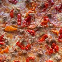 Joe Louis · Mama Lil's Peppers, Red Onion, Italian Sausage, on a Smoked Mozzarella and Tomato Sauce base.