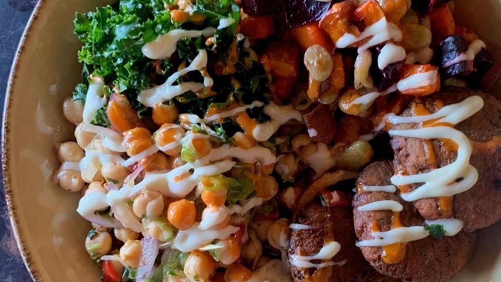 Neo Power Bowl · Marinated garbanzo beans, red onion, red pepper, shredded cabbage, cilantro, parsley & your choice of grilled chicken, gyro meat or falafel. Served w/roasted beets & sweet potatoes, & shredded kale with Greek dressing. Topped w/harissa & Greek yogurt tahini dressing