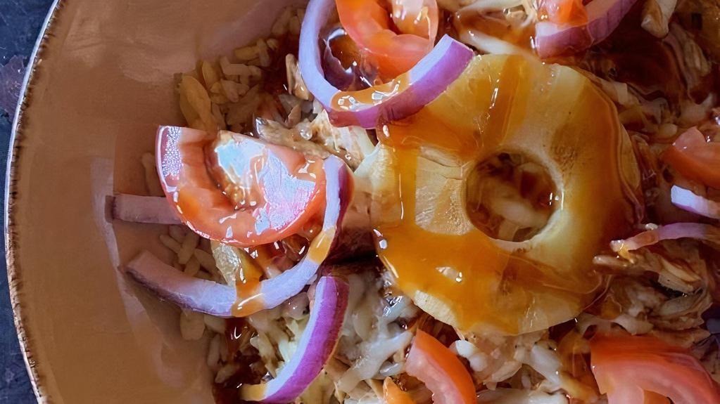 Greek...Teriyaki Bowl · Oops, not so Greek but delicious! Rice Pasta Pilaf topped w/our Greek chicken & teriyaki sauce, Swiss cheese, grilled pineapple, red onions & tomatoes