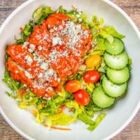 Buffalo Chicken Salad · Romaine, breaded chicken breast in buffalo sauce, cucumber, cherry tomatoes, carrot, blue ch...