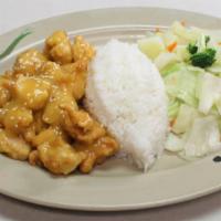 Orange Chicken · Lightly battered and deep-fried chicken stir-fried in spices and our own special sauce.