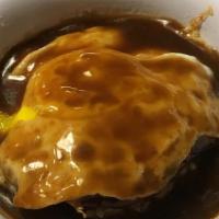 Loco Moco Hamburger Patty Plate · Two hamburger patties, Two eggs, and brown gravy on a bed of rice.

Consuming raw or underco...