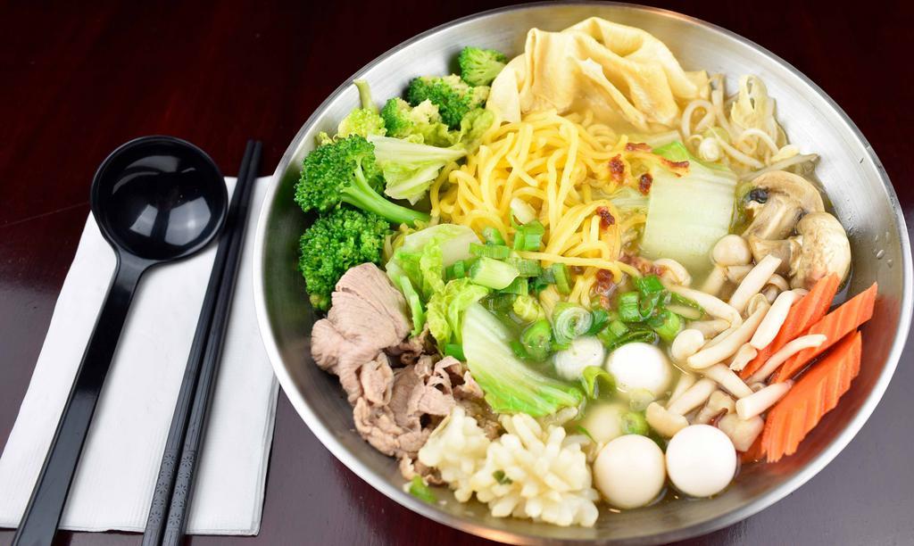 Yakisoba Bowl · Non-spicy Beef Broth, Yakisoba Noodle, Button Mushroom, Shimeji Mushroom, Broccoli, Carrot, Napa Cabbage, Pork, Beansprout, Bean Curd, Quail Egg, Scallop, Green Onion.